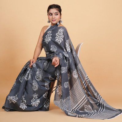 SUNDREESAREE Printed Ikkat Pure Cotton Saree(Grey)