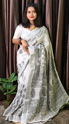 Suto Printed, Floral Print Bandhani Linen Saree(White)