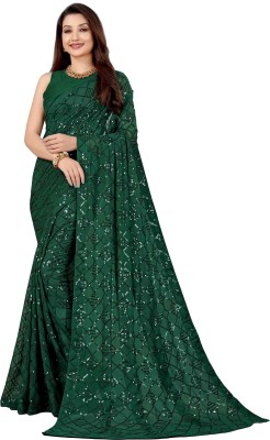 ZENBLAZE Printed, Digital Print, Striped, Self Design, Embroidered Bollywood Georgette Saree(Green)