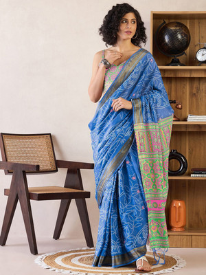 Anouk Rustic Printed Pre Draped Saree Cotton Blend Saree(Blue)
