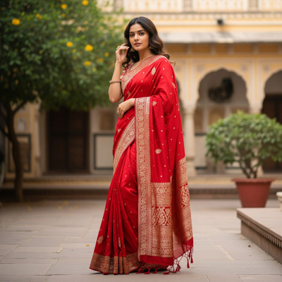 Sample Printed Bollywood Cotton Blend Saree(Red)