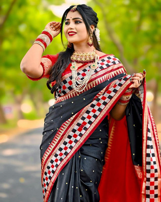 Welcome clothing center Temple Border, Self Design Sambalpuri Cotton Silk Saree(Black)