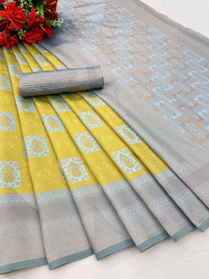 SICHYAH Embellished Banarasi Jacquard Saree(Yellow, Light Blue)