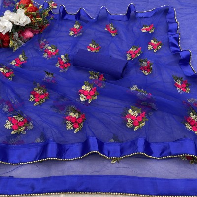 vallavi fashion Embroidered Banarasi Net Saree(Blue)