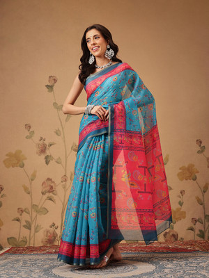 SILK ZONE Digital Print Chanderi Cotton Blend Saree(Blue)
