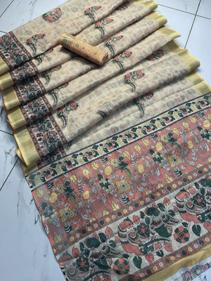 Mervadiya Digital Print Bollywood Cotton Linen, Cotton Blend Saree(Cream)