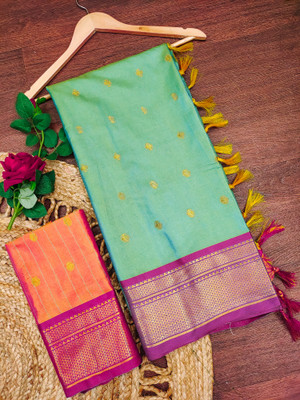 yourwish Printed Paithani Cotton Silk, Jacquard Saree(Light Blue, Purple)