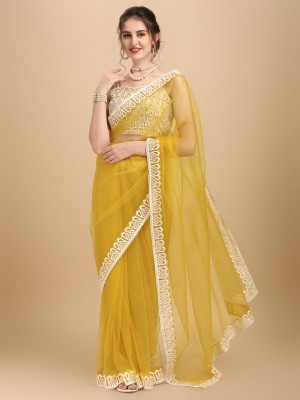 Vaani Creation Embroidered Bollywood Net Saree(Yellow)