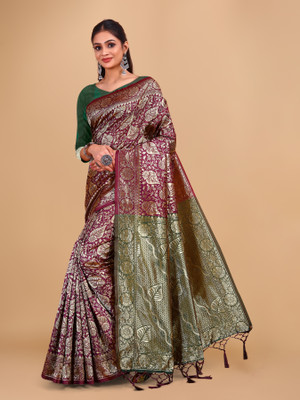 Tejal Creation Self Design Kanjivaram Pure Silk Saree(Purple)