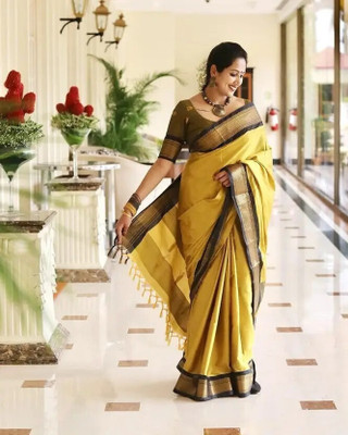 Shruti Bandhani Woven Kanjivaram Cotton Silk Saree(Yellow, Black)