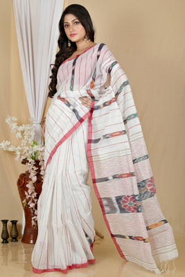 DipDiya Printed Handloom Cotton Blend Saree(White)