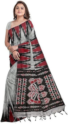 SAPTAK FASHION Solid/Plain, Printed Sambalpuri Handloom Pure Cotton Saree(Grey, Black)