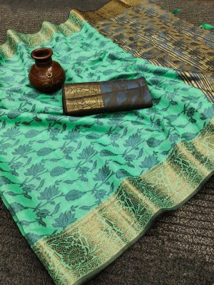 SIYADECOR Self Design, Woven, Embellished, Paisley, Solid/Plain, Floral Print, Digital Print Kanjivaram Jacquard, Cotton Silk Saree(Green)