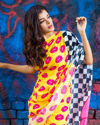 ASHTA Floral Print Kanjivaram Linen Saree(Yellow)
