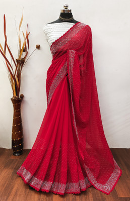 MM VENTURE Embroidered Bollywood Georgette Saree(Red)