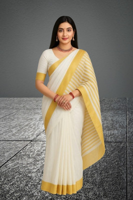 SHRISAREEESa Striped Bollywood Pure Cotton Saree(White)