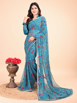 VIBHAGYAA Printed, Embellished, Embroidered Daily Wear Chiffon Saree(Light Blue)