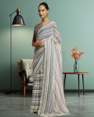 Jayu Digital Print, Embroidered, Printed, Striped Bollywood Georgette Saree(Blue)