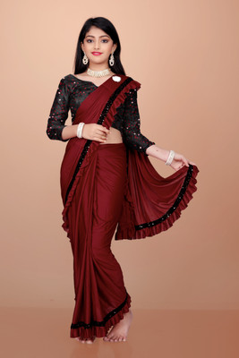 HouseOfCommon Solid/Plain, Embellished Daily Wear Lycra Blend Saree(Maroon)
