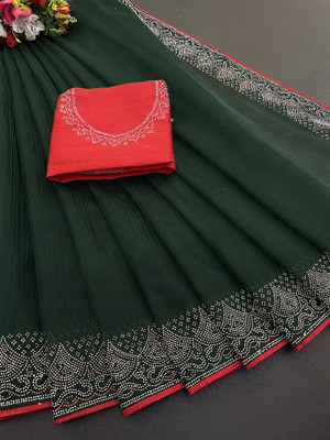 HouseOfCommon Embellished Bollywood Supernet Saree(Green)