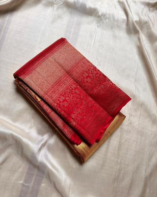 MAHADEV DESIGN Woven, Floral Print, Self Design Kanjivaram Pure Silk Saree(Gold, Red)