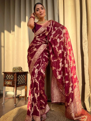 HouseOfCommon Woven Kanjivaram Pure Silk Saree(Maroon)