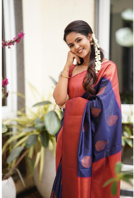Gold Art Fashion Woven Dharmavaram Jacquard, Pure Silk Saree(Dark Blue)