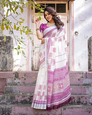 HITESH ENTERPRISE Digital Print Kasavu Cotton Linen Saree(White)