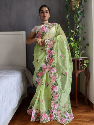 ANOUK Embroidered Saree with Attached Blouse Organza Saree(Green)