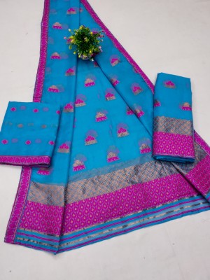 61&7nx Embroidered Mekhela Chador Cotton Blend Saree(Blue)