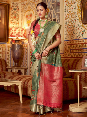 Sareemall Digital Print Chinnalapattu Cotton Blend Saree(Light Green)
