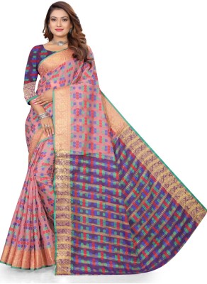 HANUMANT TEXTILES Printed, Woven, Self Design Bollywood Cotton Blend Saree(Pink)