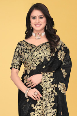 Brahmani Creation Embroidered Banarasi Georgette Saree(Black)