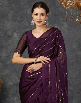 Samah Dyed, Embellished Bollywood Georgette Saree(Purple, Gold)