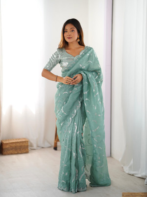 Sajavat Embroidered, Embellished, Woven, Self Design Bollywood Silk Blend Saree(Light Blue)