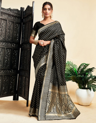 Samah Embellished, Self Design, Woven Banarasi Silk Blend, Jacquard Saree(Black, Gold)
