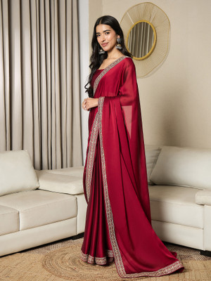 Tasrika Embellished Pre Draped Saree Satin Saree(Maroon)