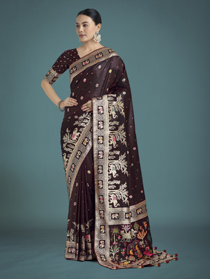 Monjolika Fashion Woven Banarasi Satin, Silk Blend Saree(Maroon)