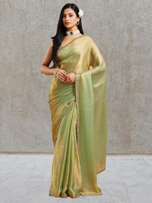 Croza Temple Border Bollywood Chiffon Saree(Green)