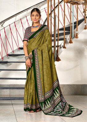 HIJA TRENDZ Printed Bandhani Cotton Silk Saree(Yellow)