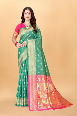 DHAYNAAND REEWA FASHION Floral Print Kanjivaram Tussar Silk Saree(Green)