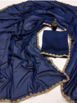 Pionex Solid/Plain Bollywood Silk Blend Saree(Dark Blue)