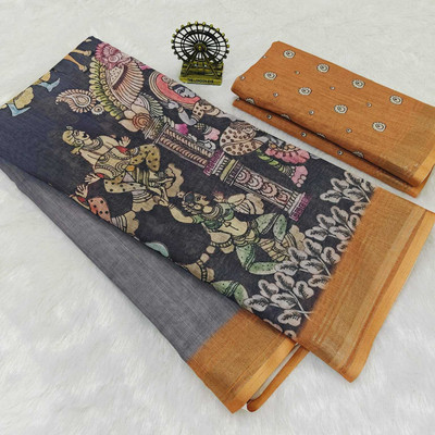 Sniccs Trend Digital Print Kalamkari Mulmul Saree(Grey)