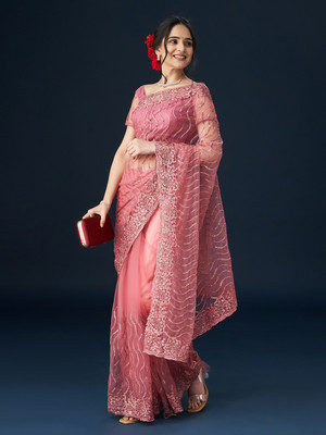 KASEE Embroidered Daily Wear Net Saree(Pink)