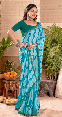Mysha Printed, Solid/Plain Leheria Chiffon Saree(Light Blue)