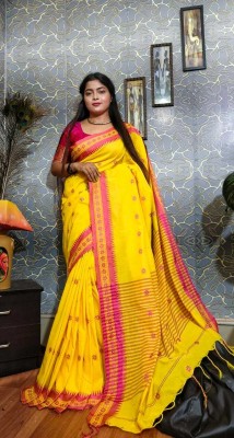 Balika bodhu Self Design Handloom Pure Cotton Saree(Yellow, Red)