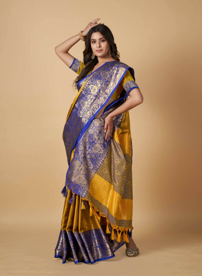 worvox Self Design, Embellished Kanjivaram Cotton Silk Saree(Mustard)
