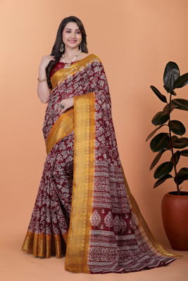 RASIFASHION Printed Chanderi Cotton Blend Saree(Maroon)