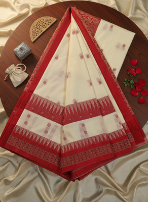Afronza Temple Border, Striped, Self Design Sambalpuri Silk Blend, Pure Silk Saree(Cream, Red)