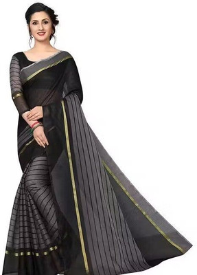FASHION YOU Striped Daily Wear Cotton Blend Saree(Black, Grey)
